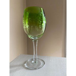 Chartreuse Green Heavy Floral Etched Glass Goblet Wine Glass